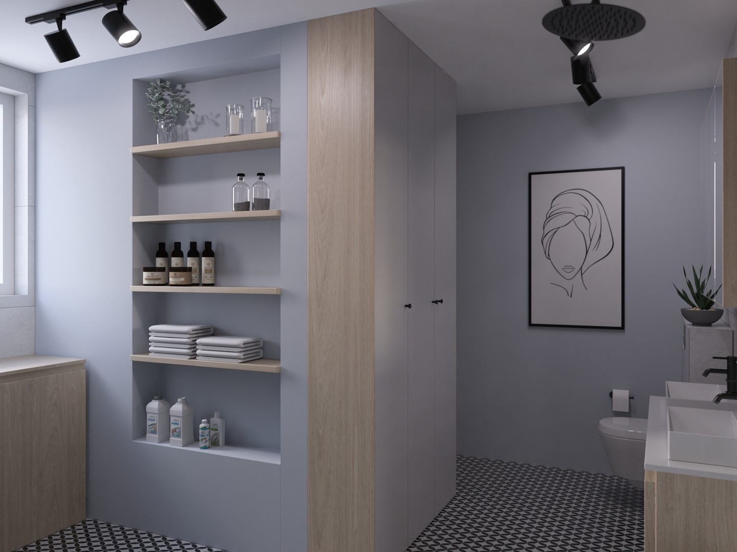 Kúpeľňa s rohovou vaňou, úložný priestor